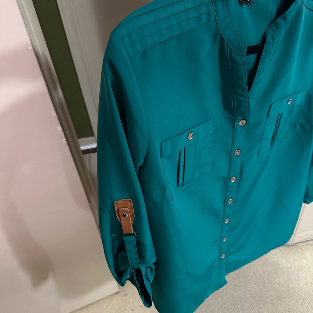 Beautiful shirt from Macy’s teal color satiny material very cute